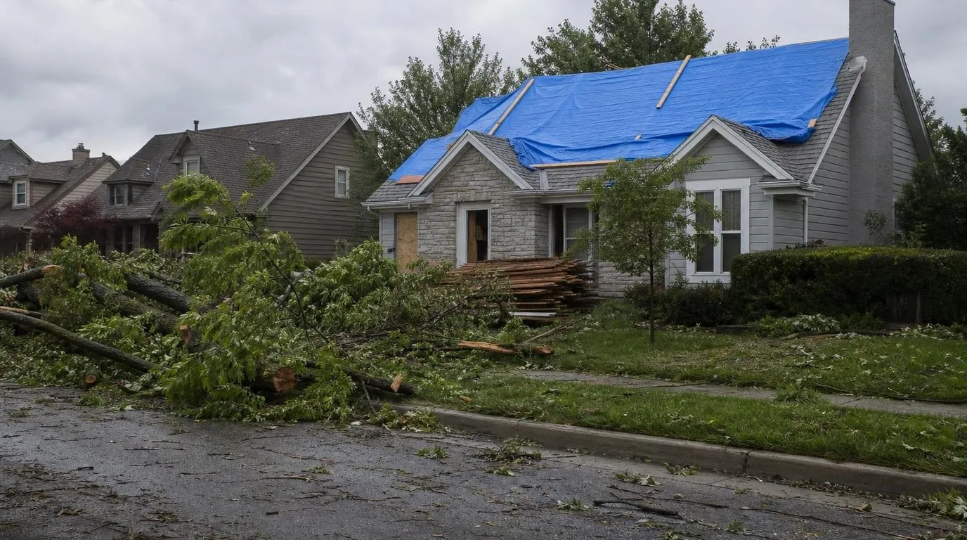 Kansas City neighborhood after a severe storm with board-up and tarping crew at work