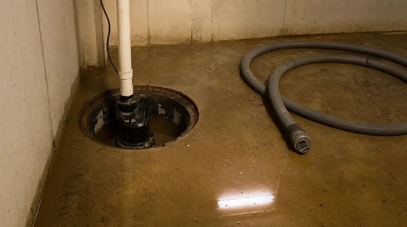 Flooded basement corner with a failed sump pump visible in its pit