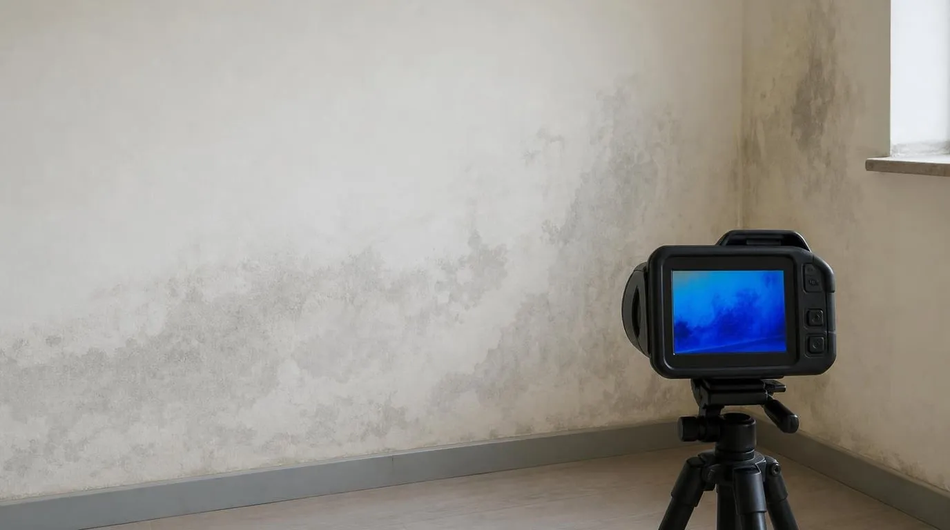 Technician pointing a thermal camera at a wall with a moisture pattern visible on screen