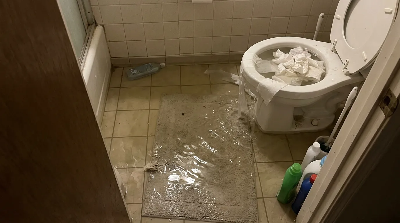 Toilet overflow with water on bathroom floor requiring cleanup