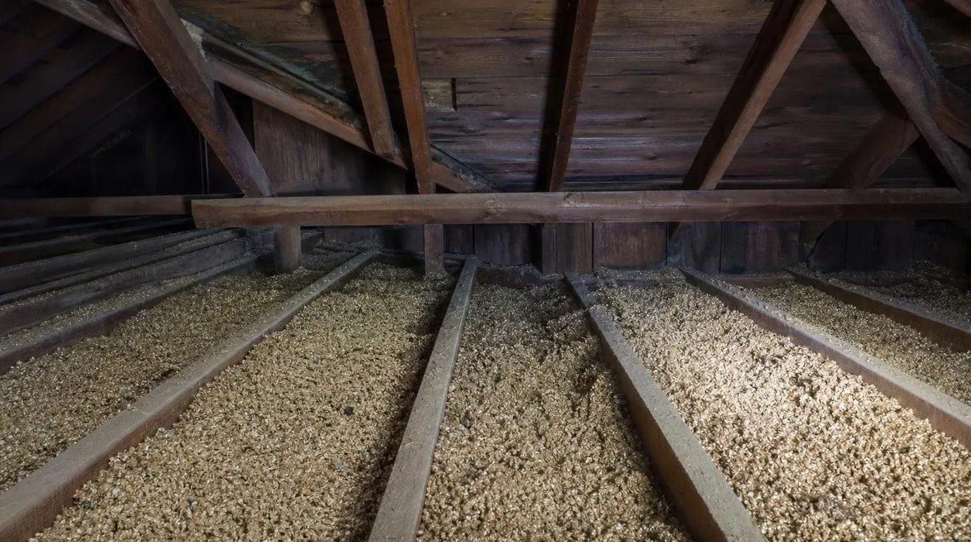 Attic with loose golden-brown vermiculite insulation between the joists