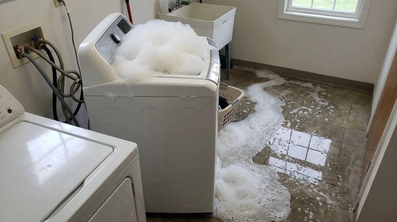 Laundry room with water across the floor from an overflowed washing machine