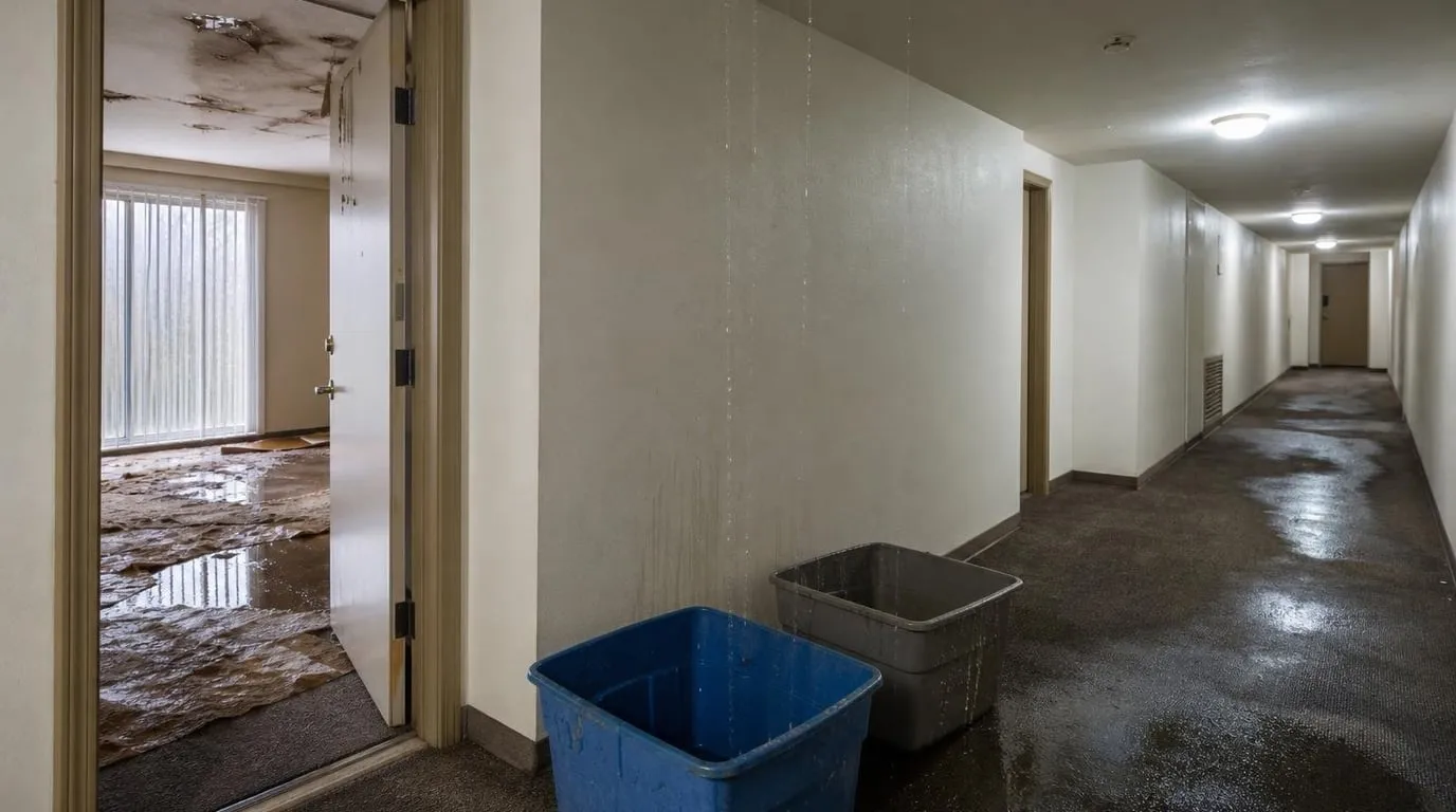 Apartment ceiling leaking from the unit above while a tenant places containers