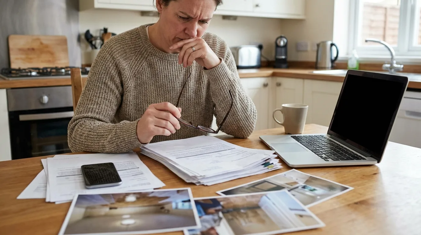 Homeowner reviewing denied insurance claim paperwork at desk