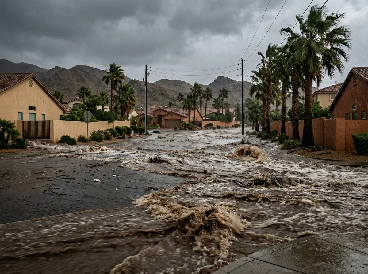 Las Vegas neighborhood during a flash flood with water damage to a residential property