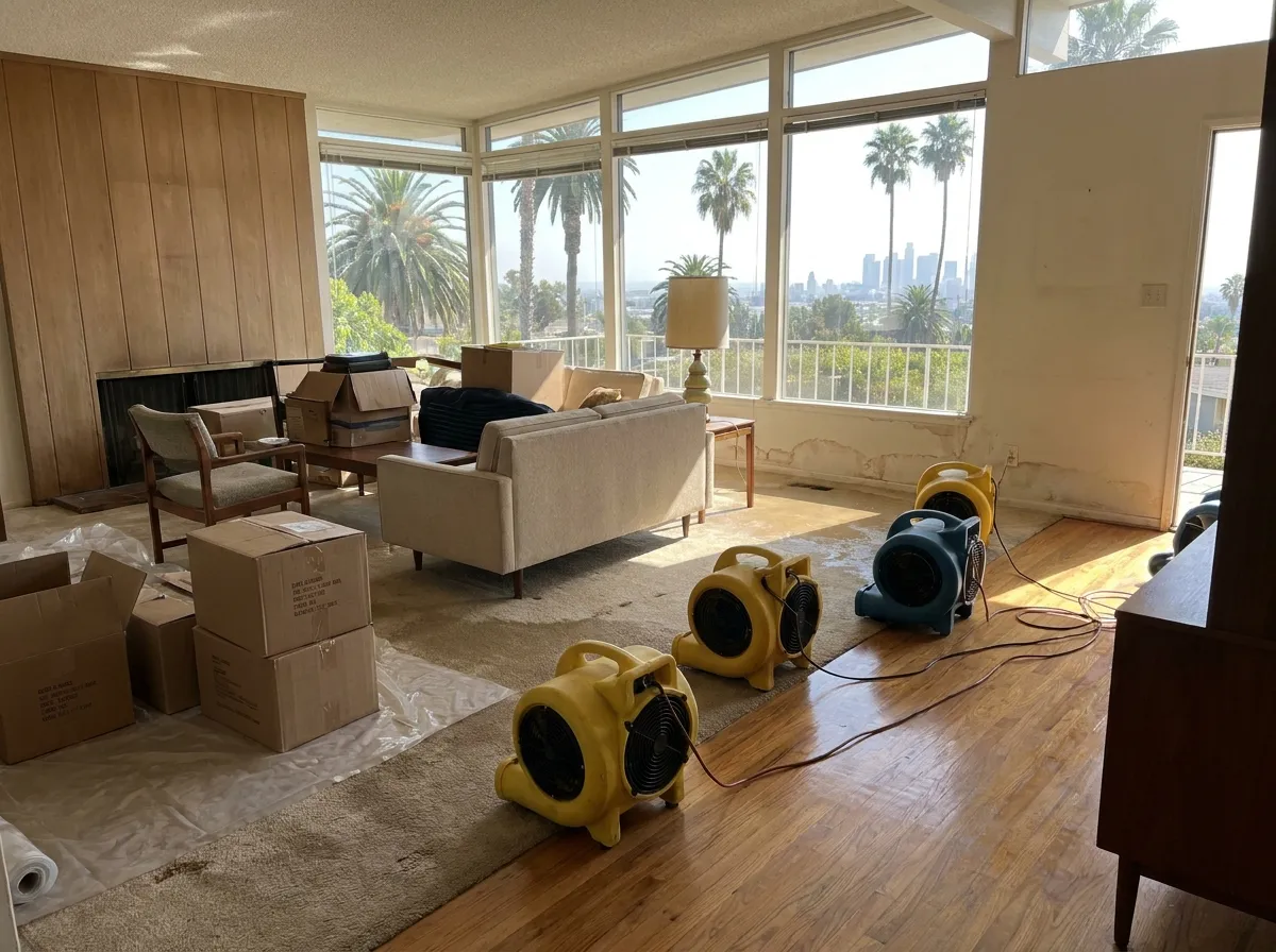 Los Angeles home with water damage after heavy winter rainfall requiring professional restoration