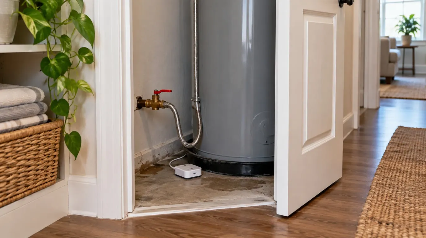 Open dry utility closet with labeled-free shutoff valve, braided appliance hose and leak sensor, tidy residential setting