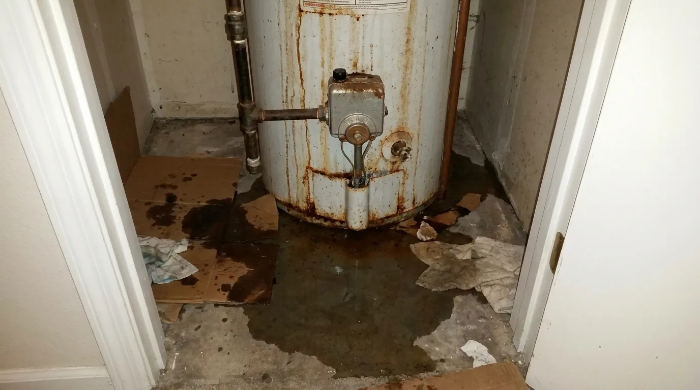 Leaking tank water heater with pooling water at its base in a utility closet