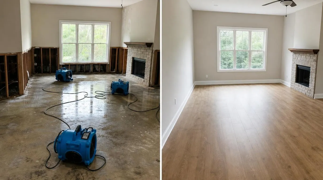 Split scene showing emergency water extraction beside a finished rebuilt room