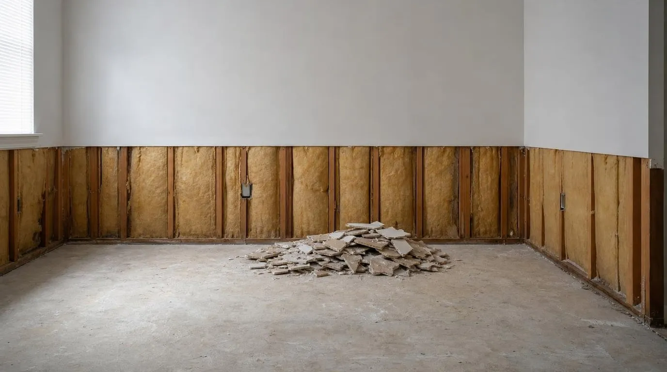 Clean horizontal flood cut two feet up a wall exposing studs