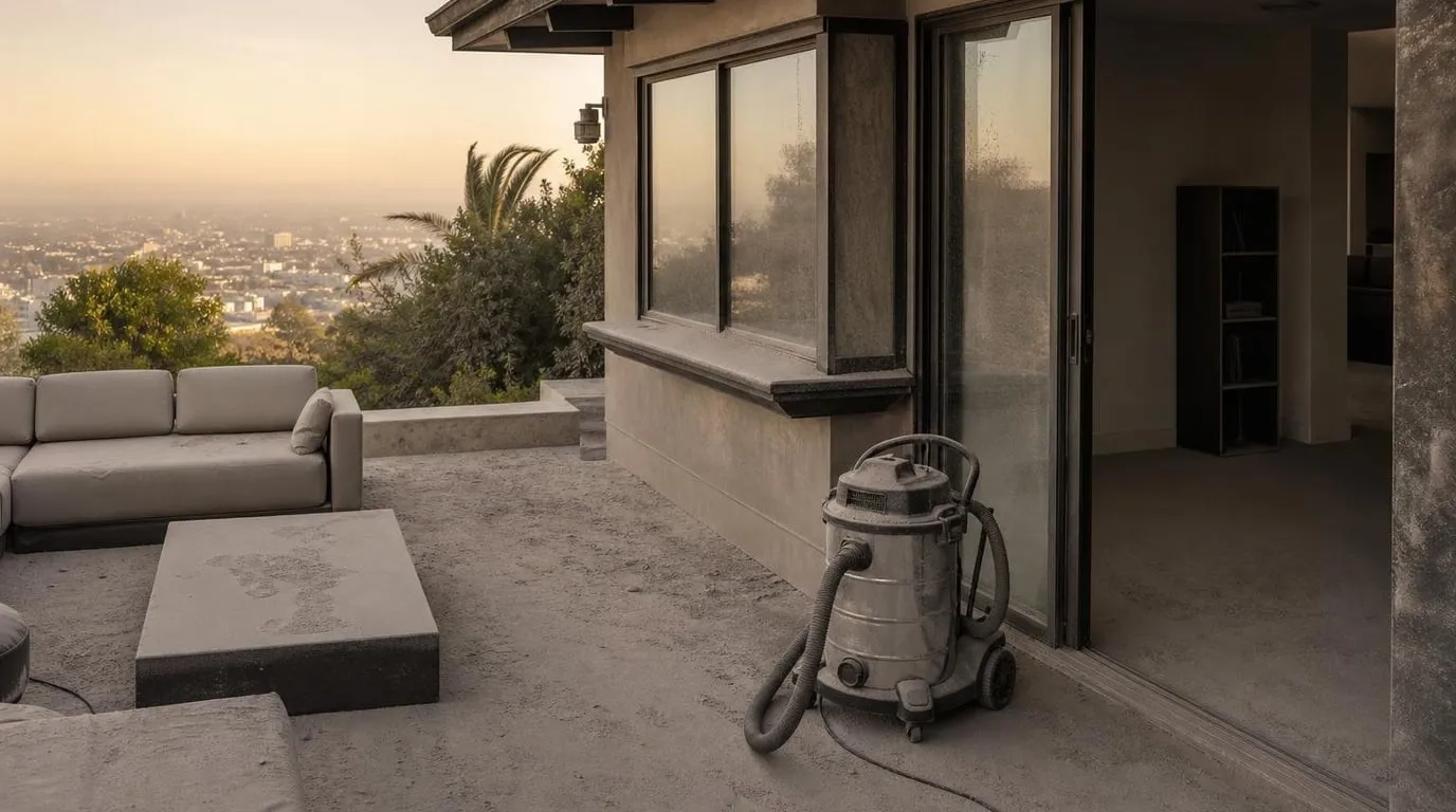 Technician HEPA-vacuuming fine wildfire ash from windowsills of a Los Angeles hillside home