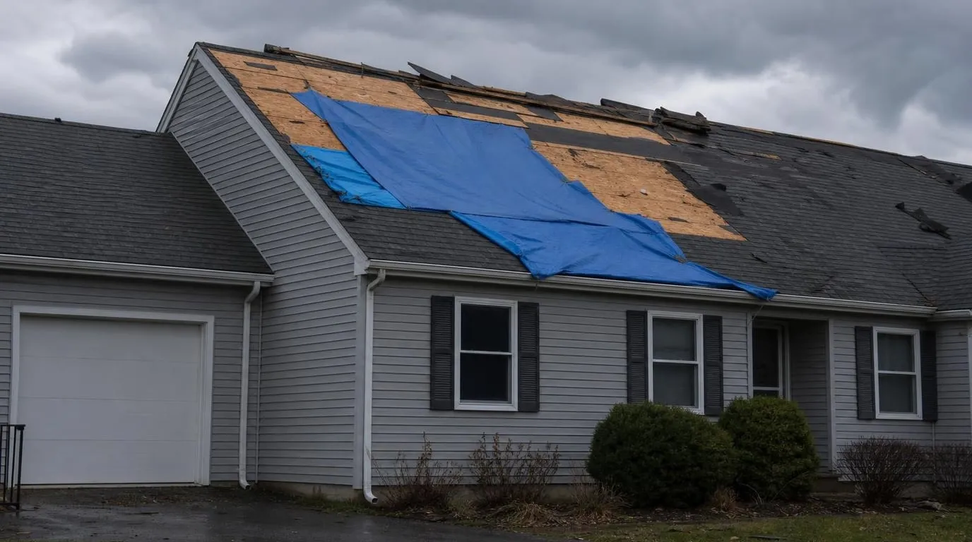 Home with missing shingles and lifted flashing being tarped after a windstorm