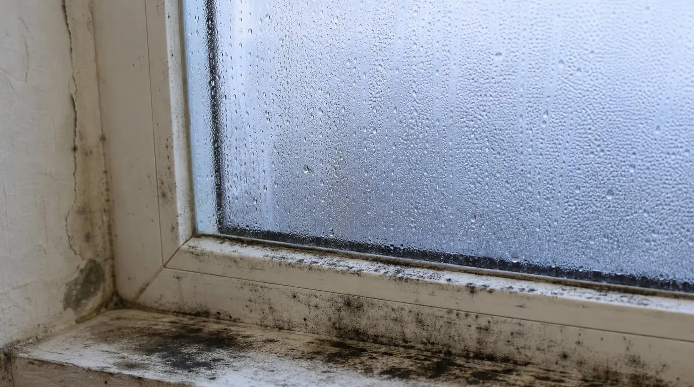 Winter window with heavy condensation and black mold along the sill and sash