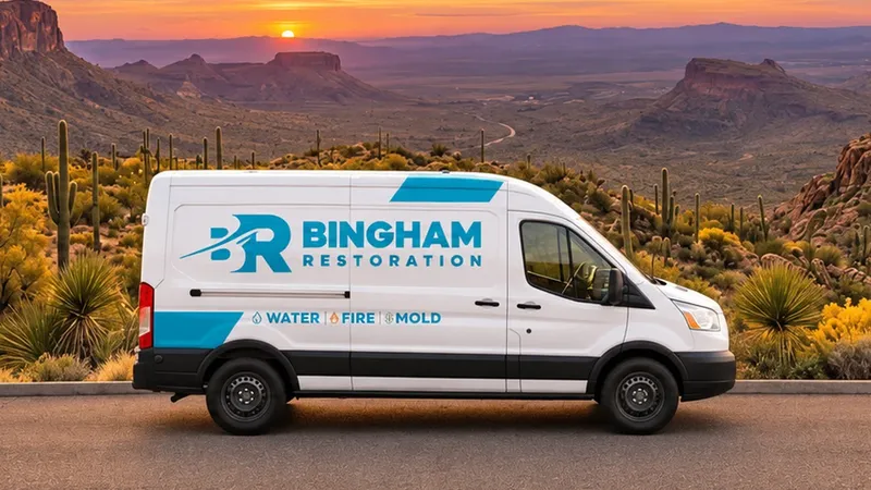 Bingham Restoration service van parked on a desert road at sunset